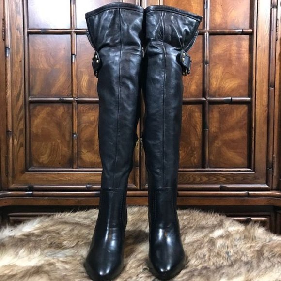 Guess Genuine Leather Leopard Faux Fur Knee High/Over the Knee Logo Ring Boot - Picture 6 of 16